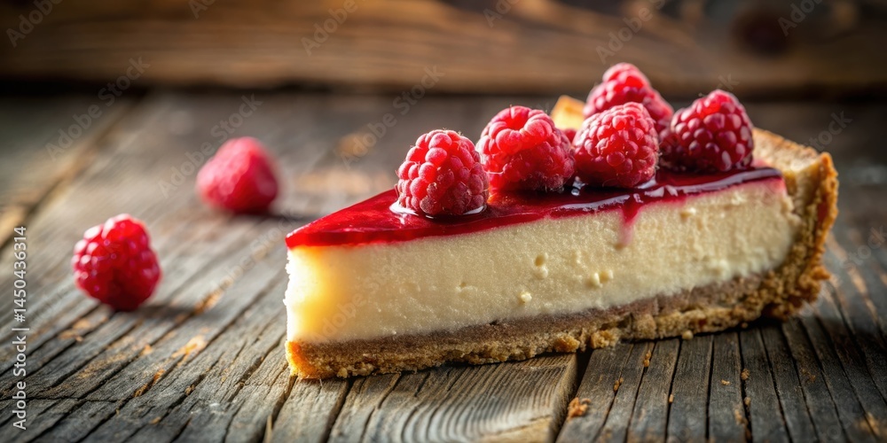 Poster a slice of creamy cheesecake topped with a sweet raspberry glaze and fresh raspberries, resting on a