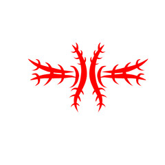 Abstract red design featuring intricate, branching shapes on a clean white background