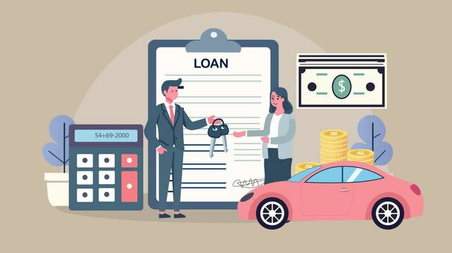Car Loan Concept with salesman Holding the Vehicle key Standing next to Happy woman Customer with Loan document (Agreement or contract terms). Flat design animation.