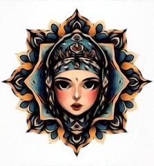 Watercolor Hijabi Woman with Mandala Art Concept