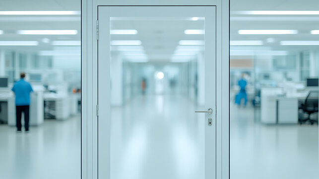 An interior white door leads into a softly lit, bright, clean hallway. People are working at desks in the background. The setting is serene and professional.