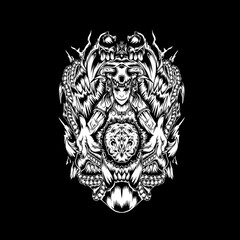 Obraz premium Intricate black and white illustration of a mythical creature surrounded by detailed organic patterns