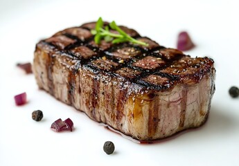 Grilled bone-in steak with sear marks on white background.