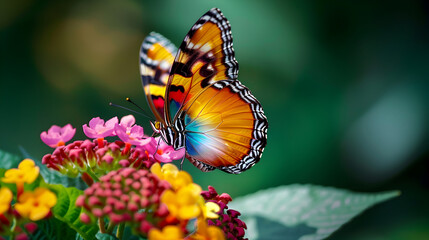 Obraz premium A vibrant butterfly perched delicately on a cluster of colorful flowers in a lush green setting