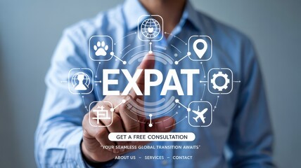 Person interacting with a digital expat concept.