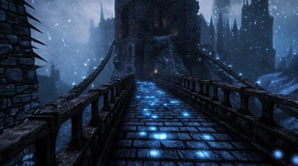 A castle bridge spanning a glowing, mist filled chasm leading to a majestic stone fortress Enigmatic scene of a bridge crossing radiant mist toward a towering stone castle 