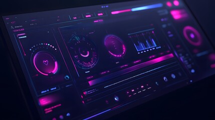 Digital dashboard with glowing, vibrant elements. Multiple displays show various data points, gauges, and graphs.  Dark background accentuates the glowing UI