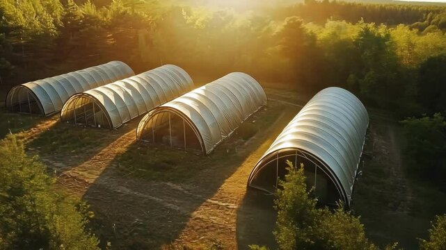 A peaceful landscape with multiple greenhouses under sunlight.