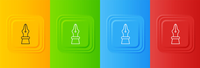 White Fountain pen nib icon isolated on colorful background. Pen tool sign. Set icons in square buttons. Vector