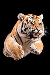 Fototapeta premium A snarling tiger leaps forward, orange fur and black stripes visible against a black background. Its claws are extended