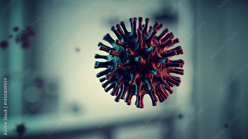 Poster Virus cell rotating slowly in a laboratory setting, providing a detailed view of its structure, potentially for scientific research or educational purposes