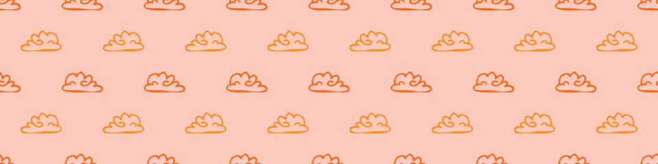 Vibrant fall cloud seamless nursery border. Naive illustration of summer sky in hand drawn playful style for childrens nursery edging, ribbon. 