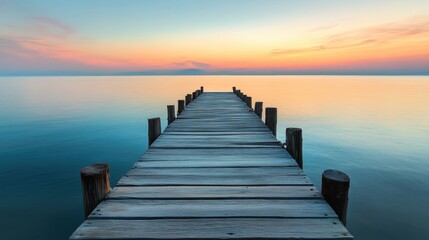 Fototapeta premium Serene wooden pier extending into tranquil sunrise ocean.