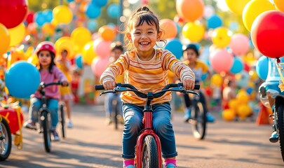 Fototapeta premium A little girl riding a bike with balloons in the background