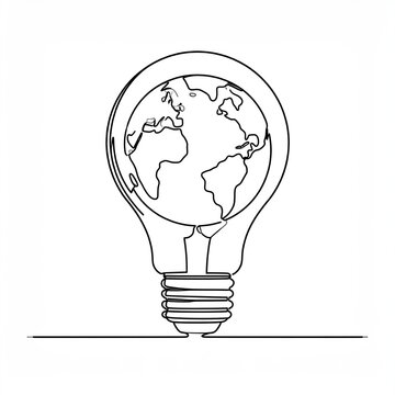 Earth globe inside the light bulb in one continuous line drawing. World map in lamp in simple doodle style. Ecology and conservation of energy concept. Vector illustration 