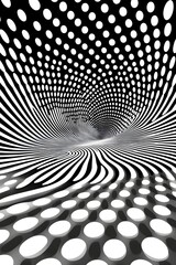 Abstract monochrome artwork featuring a swirling, three-dimensional pattern of dots and lines creating an illusion of depth and movement