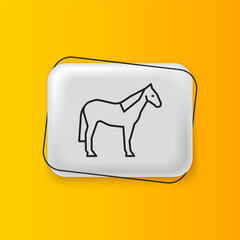 Black Horse icon isolated on yellow background. Animal symbol. Silver rectangle button. Vector