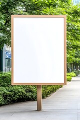 Blank outdoor signage on a light wood frame, standing on a sidewalk amidst greenery