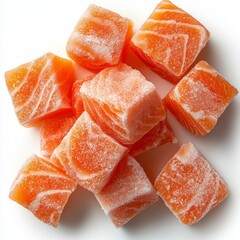 Frozen Salmon Cubes Kitchen Setting Food Photography Bright High Angle View Culinary Delight