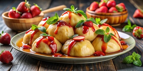 Sweet Dumplings with Red Sauce and Fresh Mint Garnish, Served on a Green Plate with Fresh Strawberries