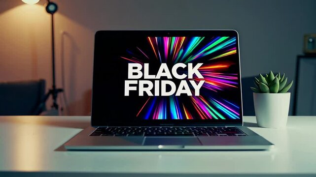 Colorful animation promoting black friday sales is displayed on a laptop screen, placed on a white table with a small plant next to it, in a cozy home office setting