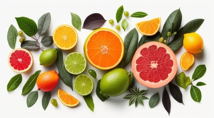 Naklejka premium citrus fruit assortment: fresh sliced oranges, grapefruit, limes, lemons & leaves
