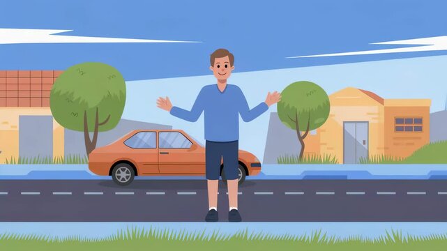 Man standing on road with orange car and houses background. Happy guy waving hello with palm of hand. Welcome to suburb residential neighborhood concept.