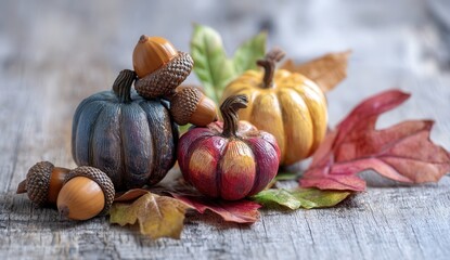 Decorative pumpkins and acorns with autumn leaves on wooden surface.