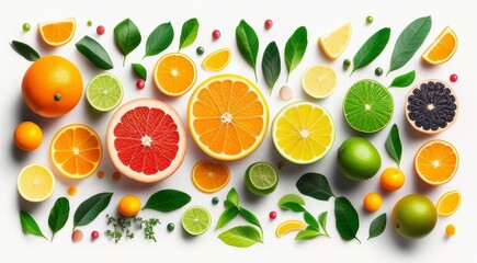 vibrant citrus fruit flat lay:  fresh oranges, lemons, limes & grapefruit with leaves