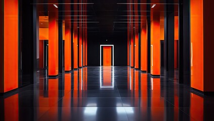 Modern, sleek corridor with vibrant orange accents, mirrored polished floor, and dark pillars  A sense of vastness and futurism is evident