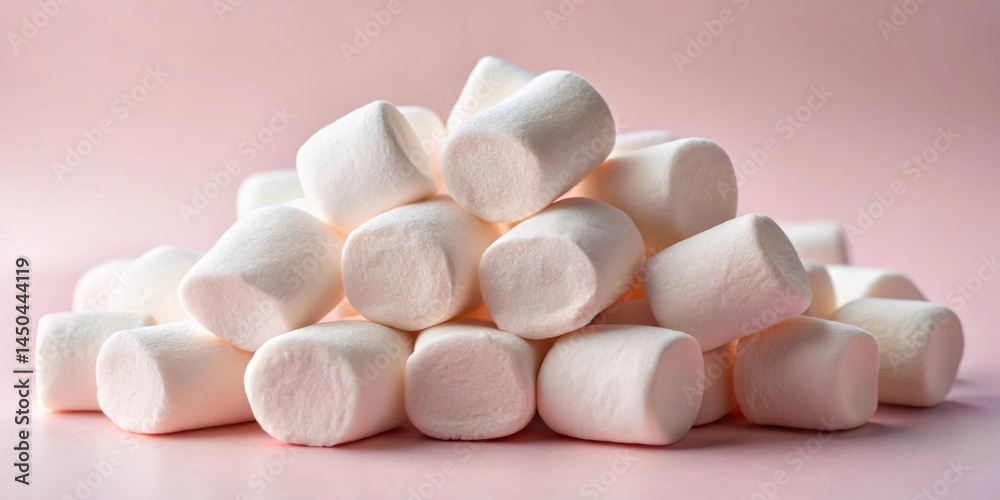 Aufkleber A close-up of a cluster of fluffy white marshmallows piled on a pastel pink surface, creating a visually appealing and soft image.