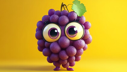 Cute cartoon grape character, big eyes, 3D render.