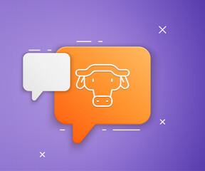 White African buffalo head icon isolated on purple background. Mascot, african savanna animal. Wild ox, carabao or bison bull with fused horns. Orange speech bubble symbol. Vector