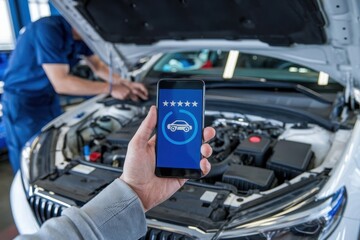 Mobile device displaying car service ratings in a garage setting.