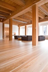 Spacious loft with exposed wood beams, columns, and light-toned hardwood floors; modern sectional sofa