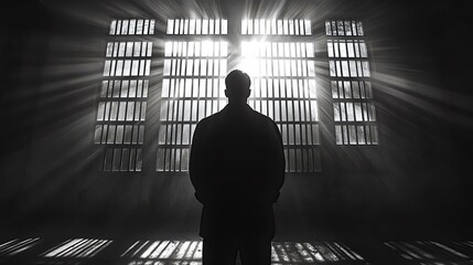 A solitary figure stands silhouetted against a window in a prison cell, facing bright light.