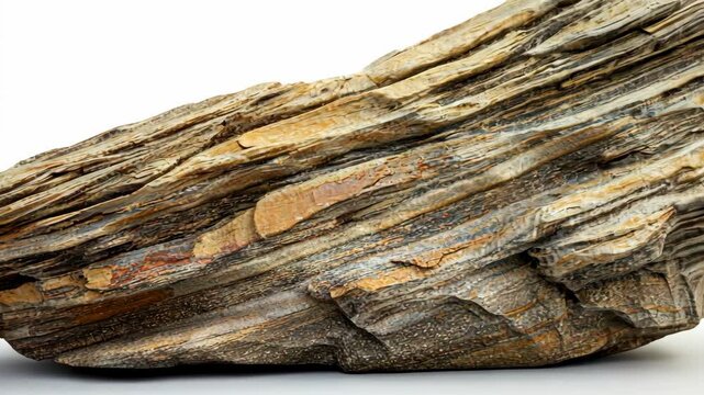 Detailed shot of a layered beige and brown sedimentary rock formation.