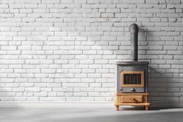 Rustic wood stove against a white brick wall.  Sunlight casts shadows