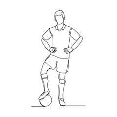 Continuous line drawing of football player kicking ball. Single one line art of young man soccer player dribbling and juggling ball. Editable stroke vector illustration