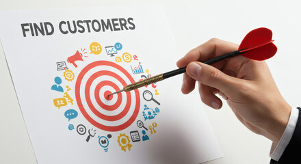 Hand targeting a bullseye with a dart while focusing on "Find Customers" concept