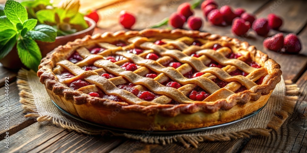 Poster a freshly baked cherry pie with a golden crust and a lattice top, ready to be enjoyed