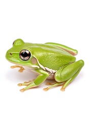 Obraz premium A bright green frog with white stripes sits on a white background