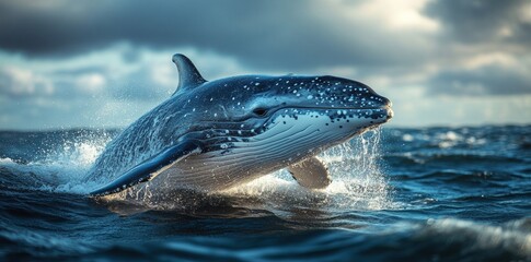 Fototapeta premium Whale Breaching in Ocean Waters Marine Life Action Nature Dramatic Seascape Viewpoint
