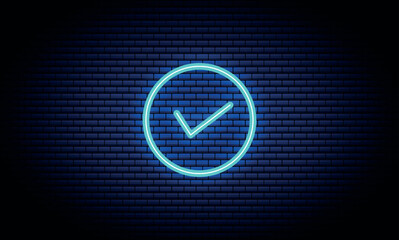 Neon Checklist icon. Bright Blue color Tick in circle symbol of approved, success or confirmed sign. right, agreement, accepted, confirmation. Vector