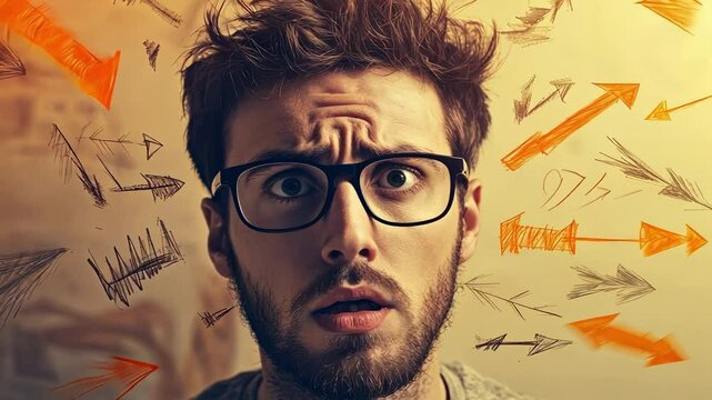 Young businessman looking confused while trying to understand where to go, with many arrows pointing in different directions drawn on a wall