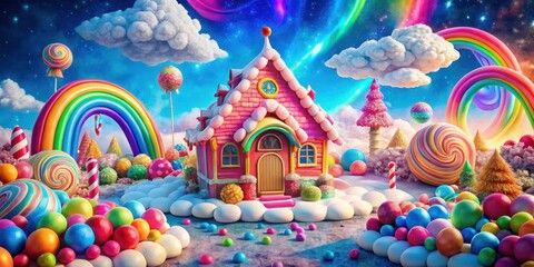 A whimsical candy-coated house nestled amidst a vibrant landscape of colorful spheres, swirling rainbows, and fluffy clouds