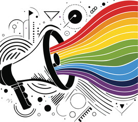 A megaphone with rainbow sound waves