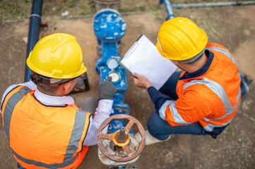 Two maintenance workers are checking water meters and inspecting the condition of water taps and...