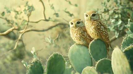 Obraz premium Two small owls perched on a cactus, bathed in soft sunlight.