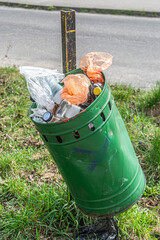 Overflowing trash can and litter scattered along the pathway.